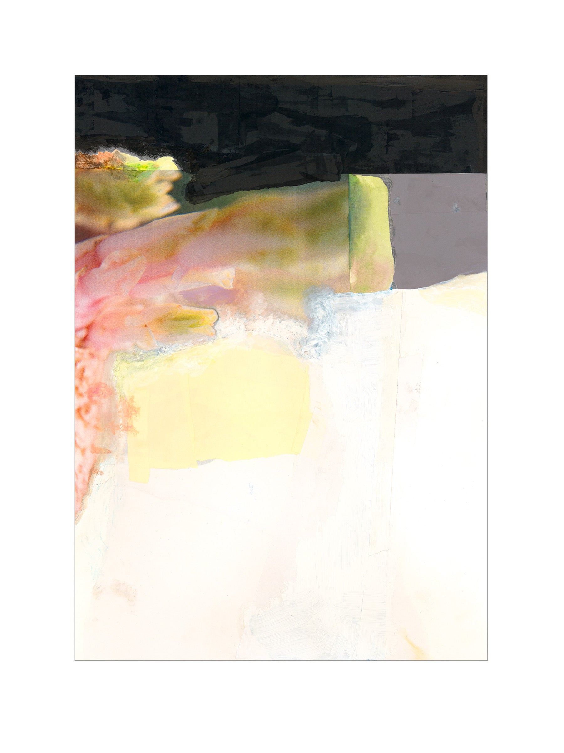 Mixed media painting with soft pink, green, yellow, black, gray, and white.