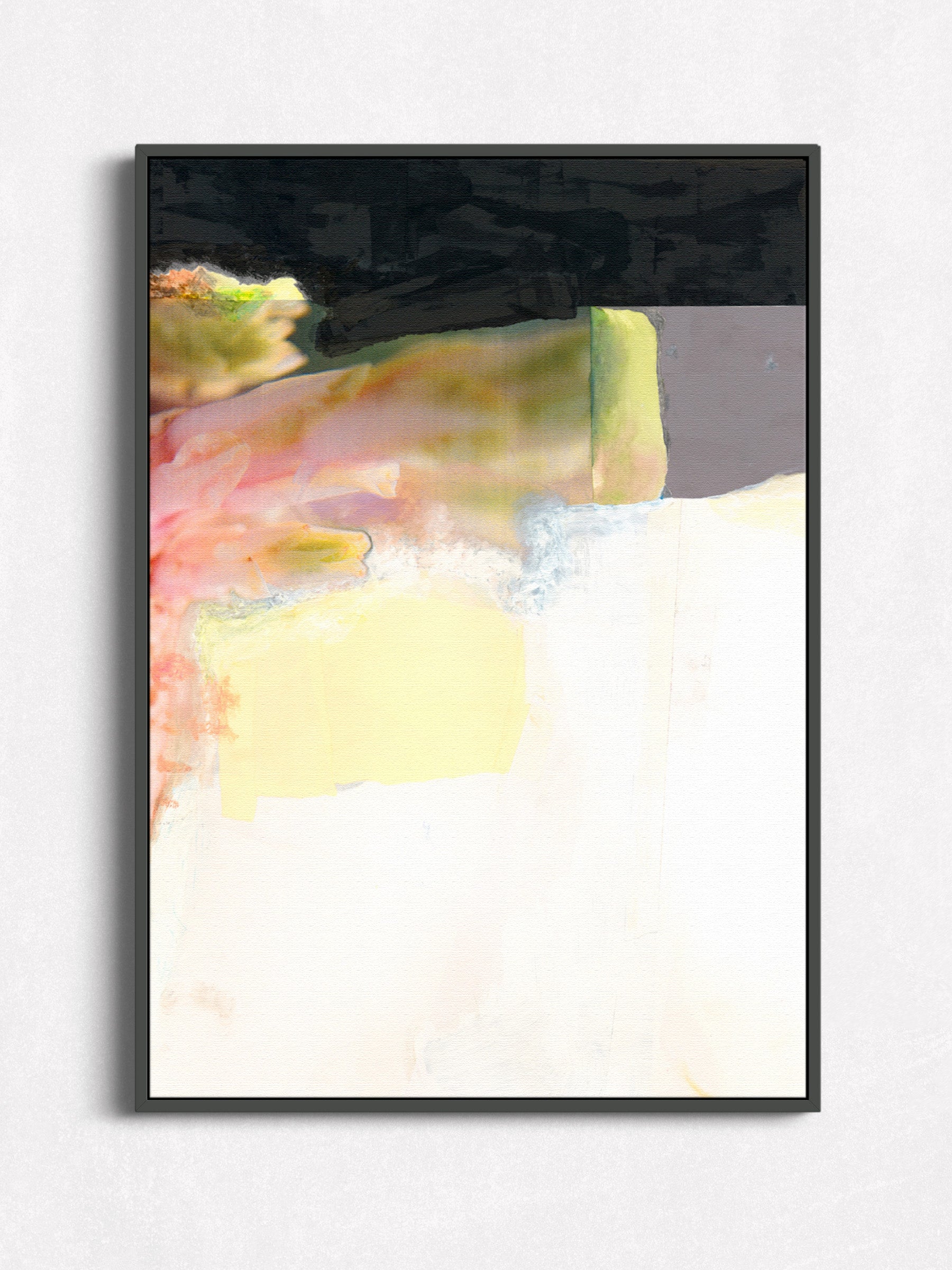 Mixed media painting with soft pink, green, yellow, black, gray, and white in a black floater frame.