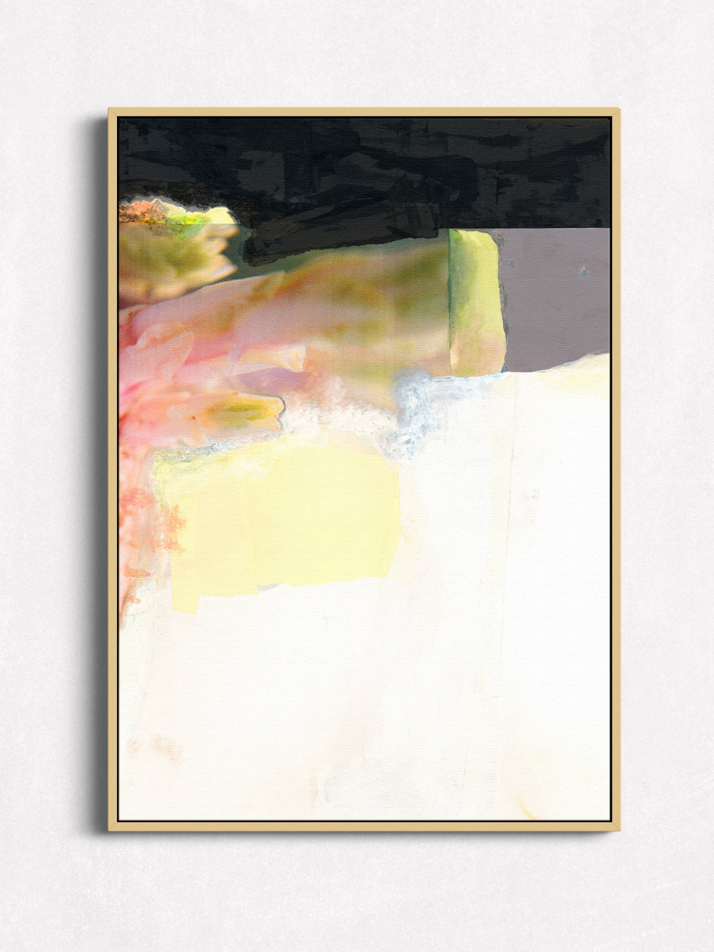 Mixed media painting with soft pink, green, yellow, black, gray, and white in an oak floater frame.