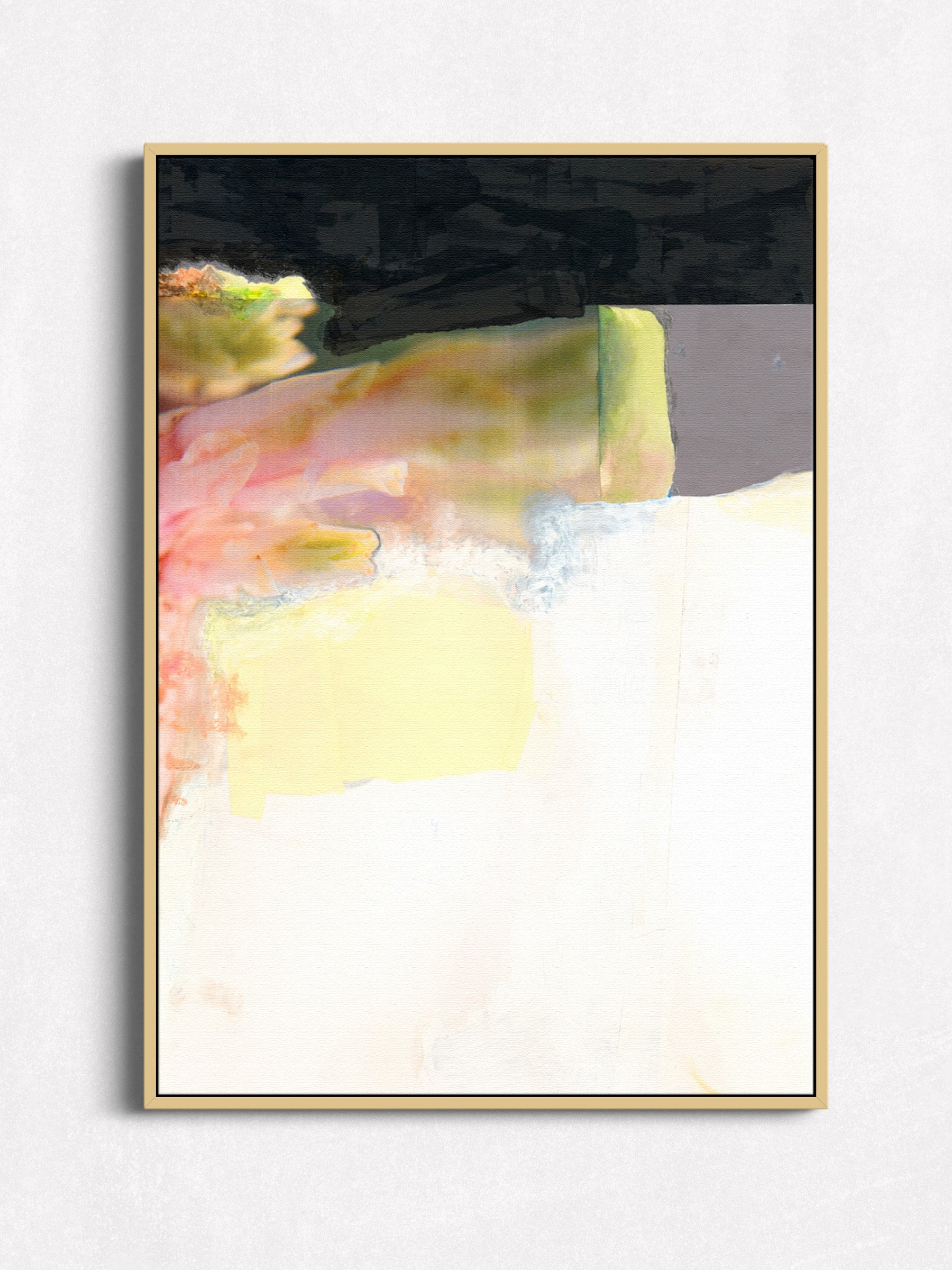 Mixed media painting with soft pink, green, yellow, black, gray, and white in an oak floater frame.