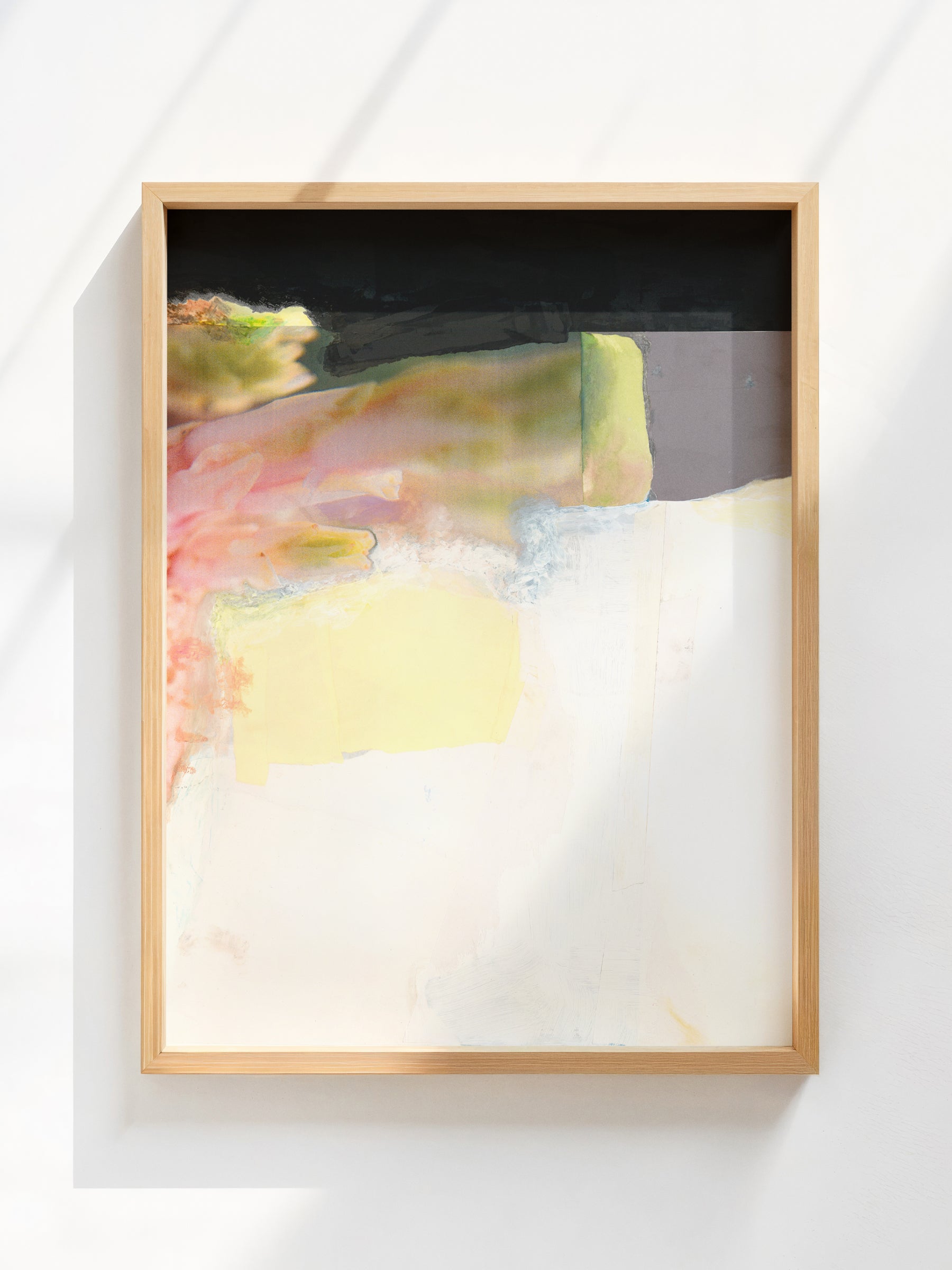 Framed mixed media painting with soft pink, green, yellow, black, gray, and white.