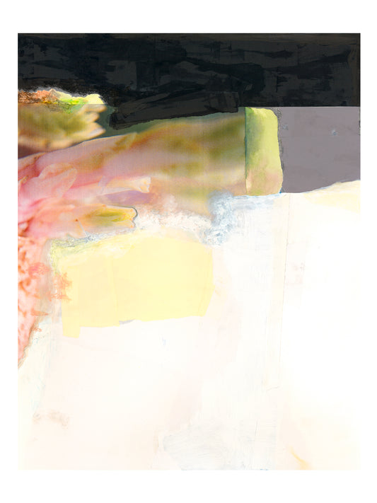 Abstract mixed media painting with pink, green, black, and white.