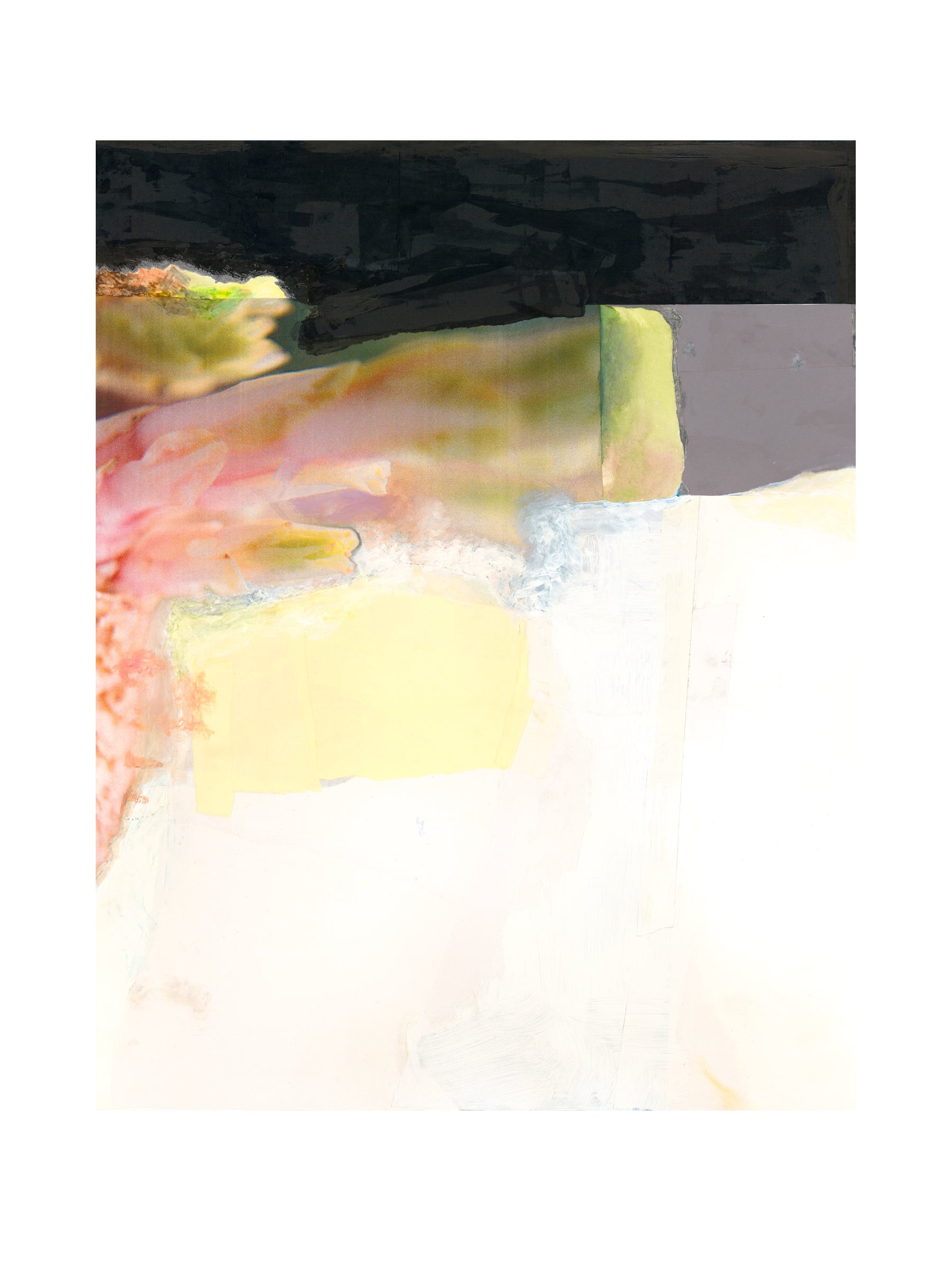 Mixed media painting with soft pink, green, yellow, black, gray, and white.