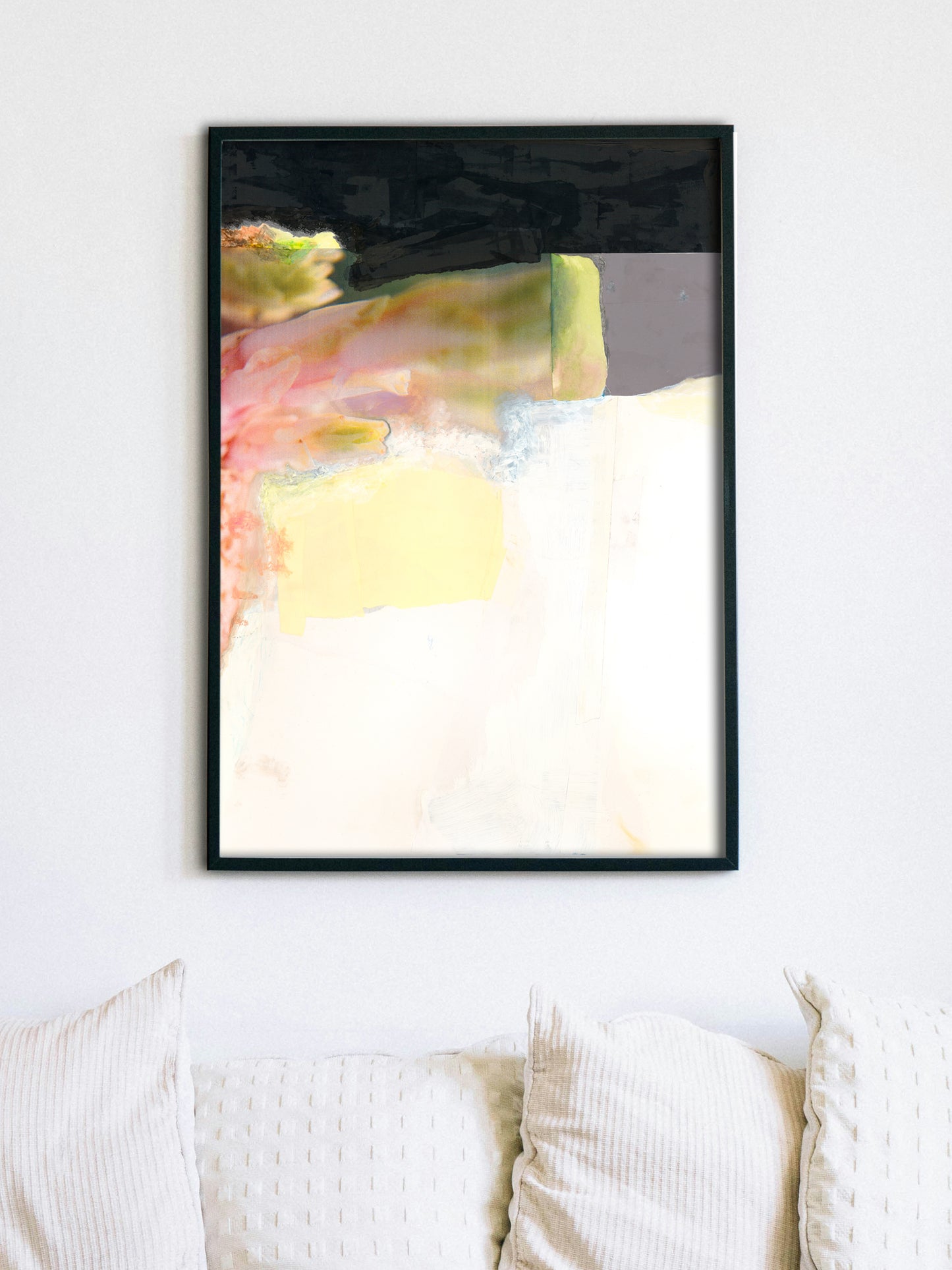 Mixed media painting with soft pink, green, yellow, black, gray, and white in a frame.