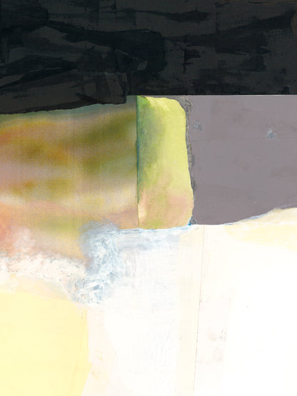 Abstract painting with green, yellow, gray, black, and white.
