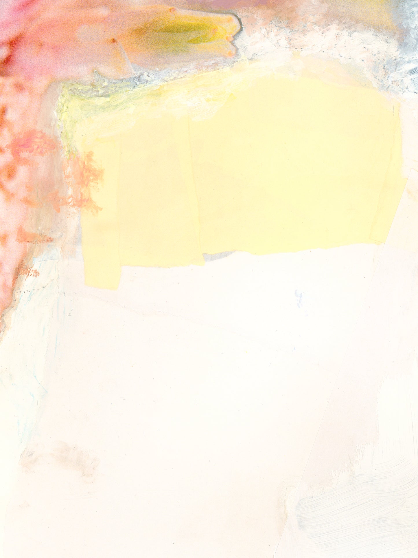 Detail of an abstract painting with pink, yellow, and white.