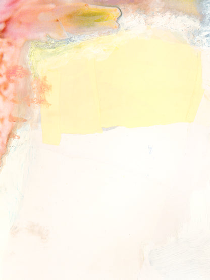 Detail of an abstract painting with pink, yellow, and white.