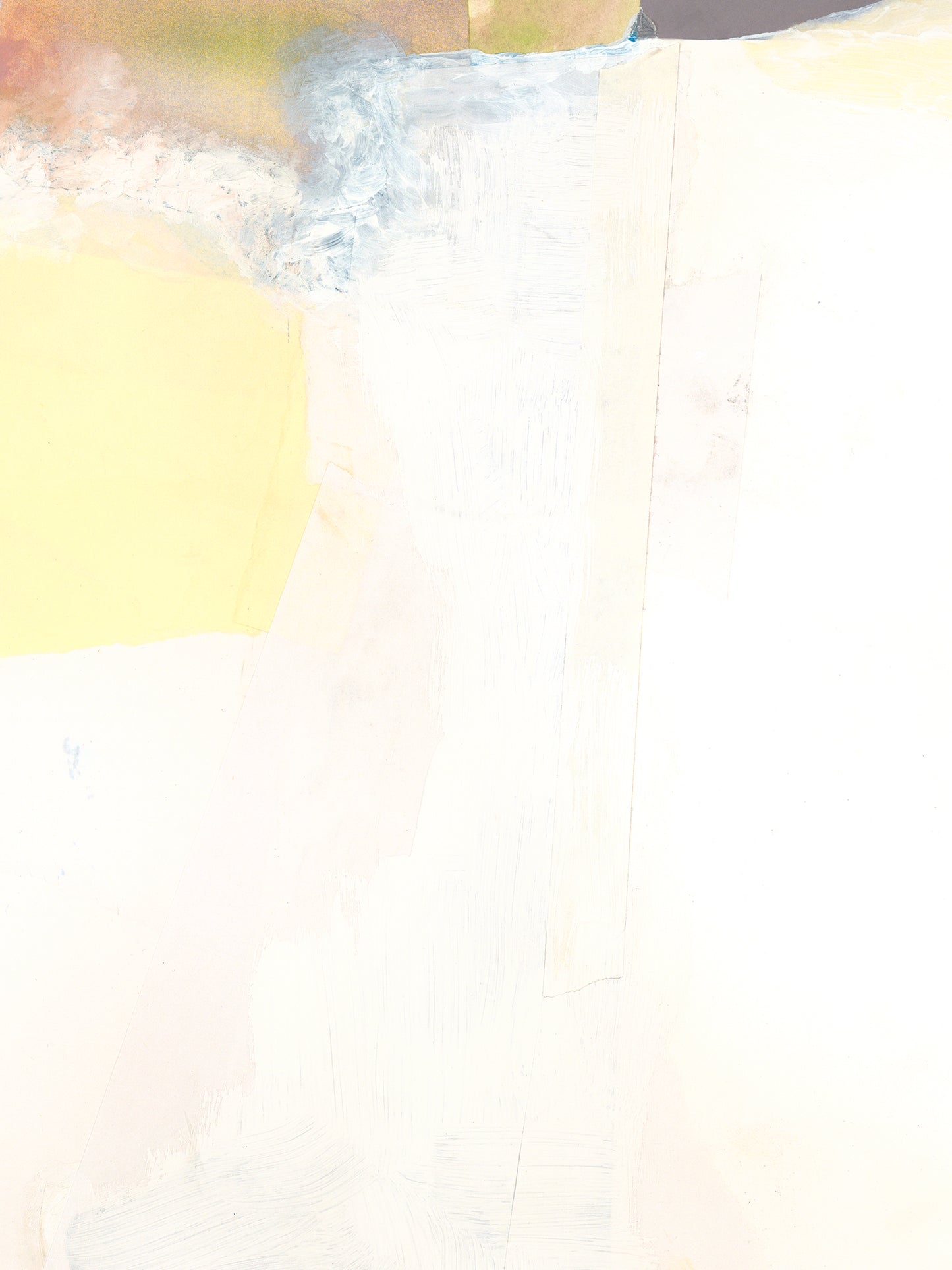 Closeup of an abstract painting with mostly white and some color edges.
