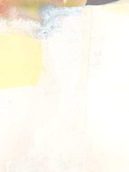 Closeup of an abstract painting with mostly white and some color edges.