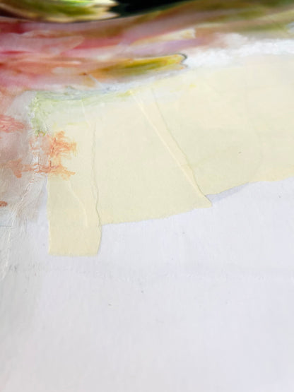 Close-up of a textured painting with a cream-colored patch and pink edges.
