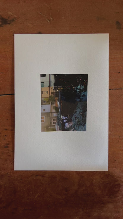 Abstract photo collage with a combination of city houses turned sideways, merging with trees and leaves of varying greens, blues, and blacks. 