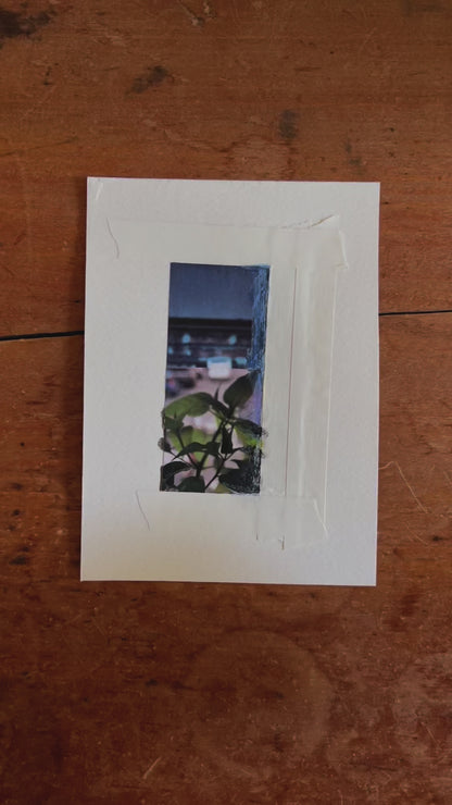 Abstract vertical collage in blue, green, and purple tones with leaf motifs, hand-painted raw edges, soft, dreamy textures, and layered photography.