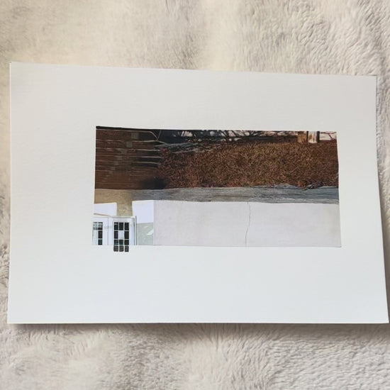 Abstract photo collage with golden grasses, cream walls, and a window, on watercolor paper.