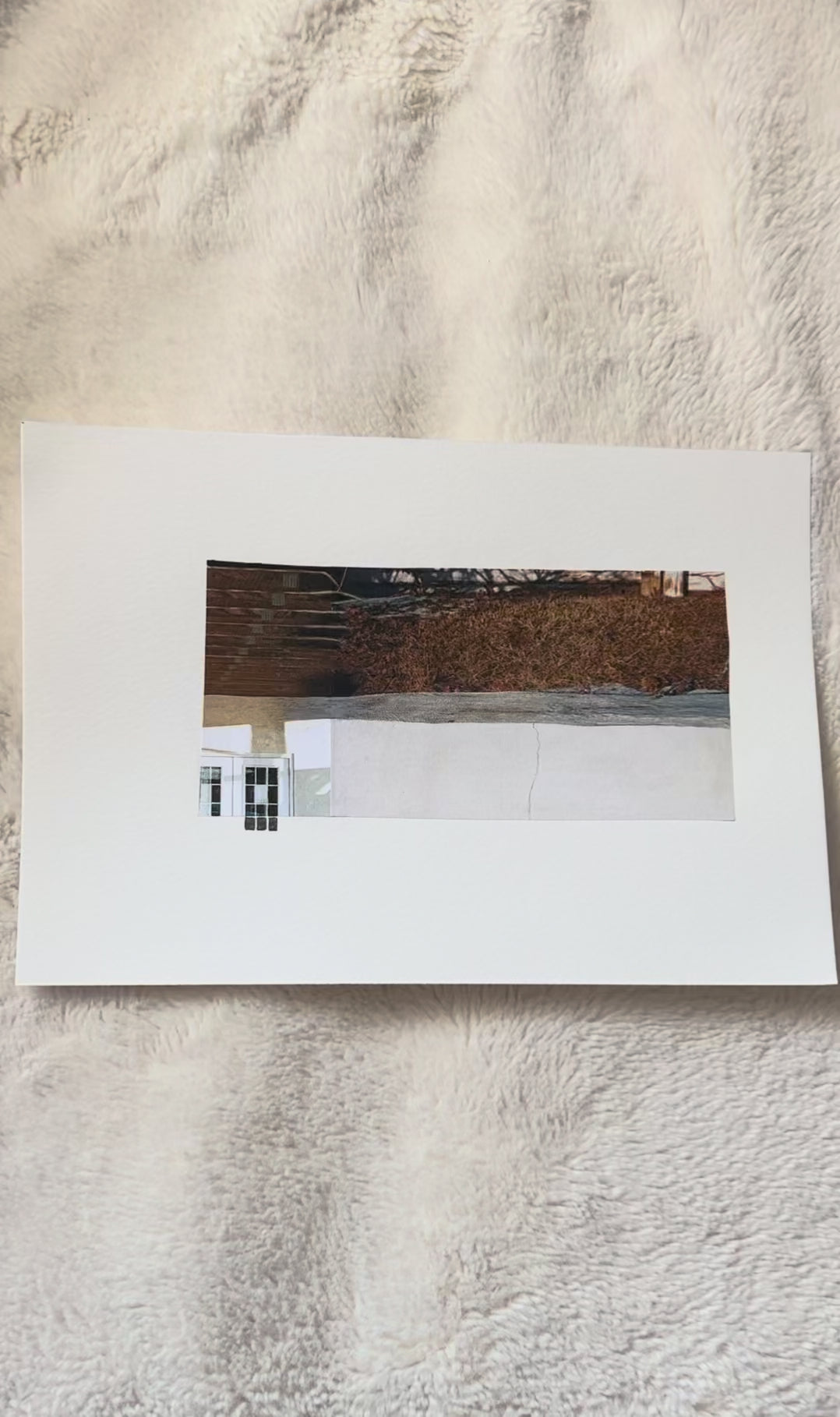 Abstract photo collage with golden grasses, cream walls, and a window, on watercolor paper.