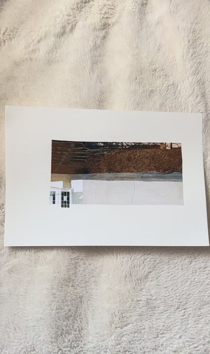 Abstract photo collage with golden grasses, cream walls, and a window, on watercolor paper.