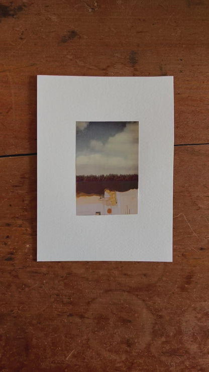 Vertical abstract collage featuring a dreamy layered landscape with a cloudy sky, treetops, and muted architectural textures in earthy tones of cream, rust, and brown.