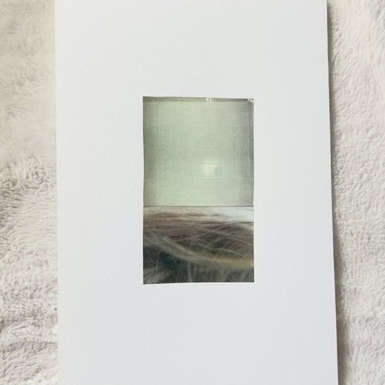 Abstract photo collage in muted greens, taupes, and golden tones on watercolor paper. 