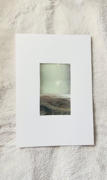 Abstract photo collage in muted greens, taupes, and golden tones on watercolor paper. 