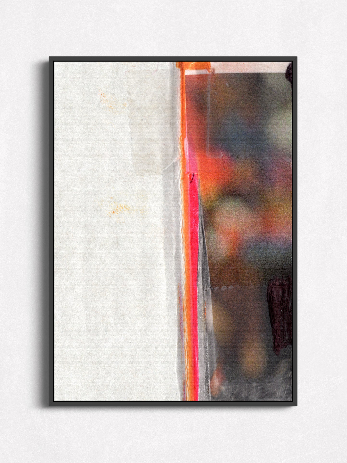 A framed abstract art print featuring a textured off-white left side and a vertical strip of orange, red, gray, and dark tones on the right, displayed against a light gray wall.