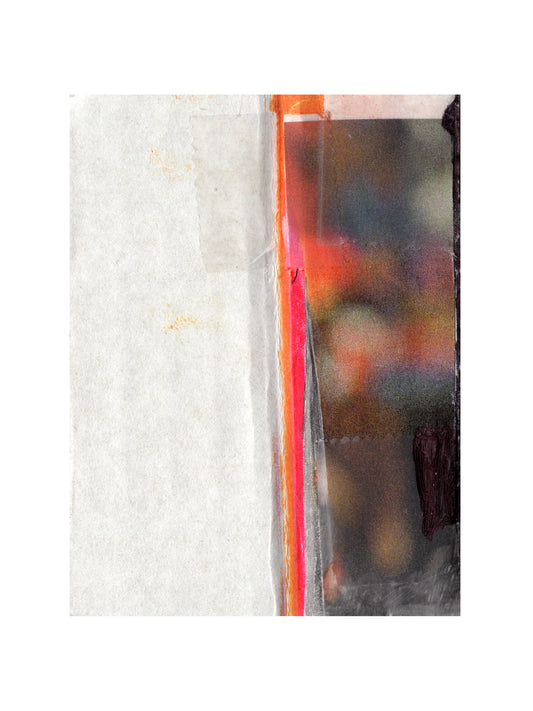 An abstract mixed-media art print featuring a textured off-white paper background on the left, a vertical strip of orange and red paint, and a translucent dark gray and black textured panel on the right.