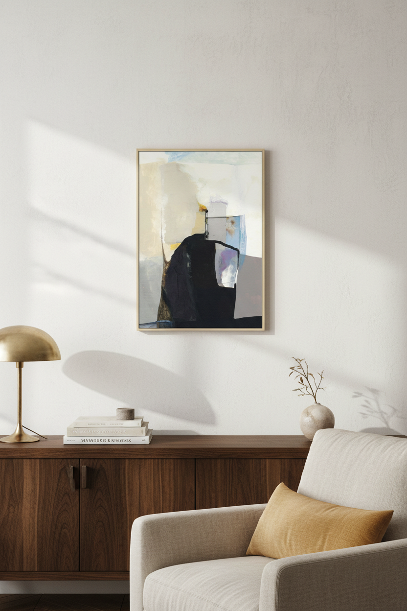 A framed abstract art print with black, beige, and gray tones hangs on a white wall above a wooden sideboard in a modern living room setting with a gold lamp and a beige armchair.