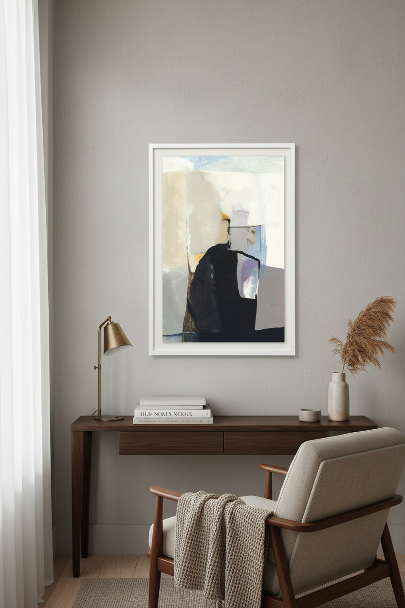A framed abstract art print with a white frame hangs on a gray wall above a dark wood console table. The print features black, beige, and gray geometric shapes.