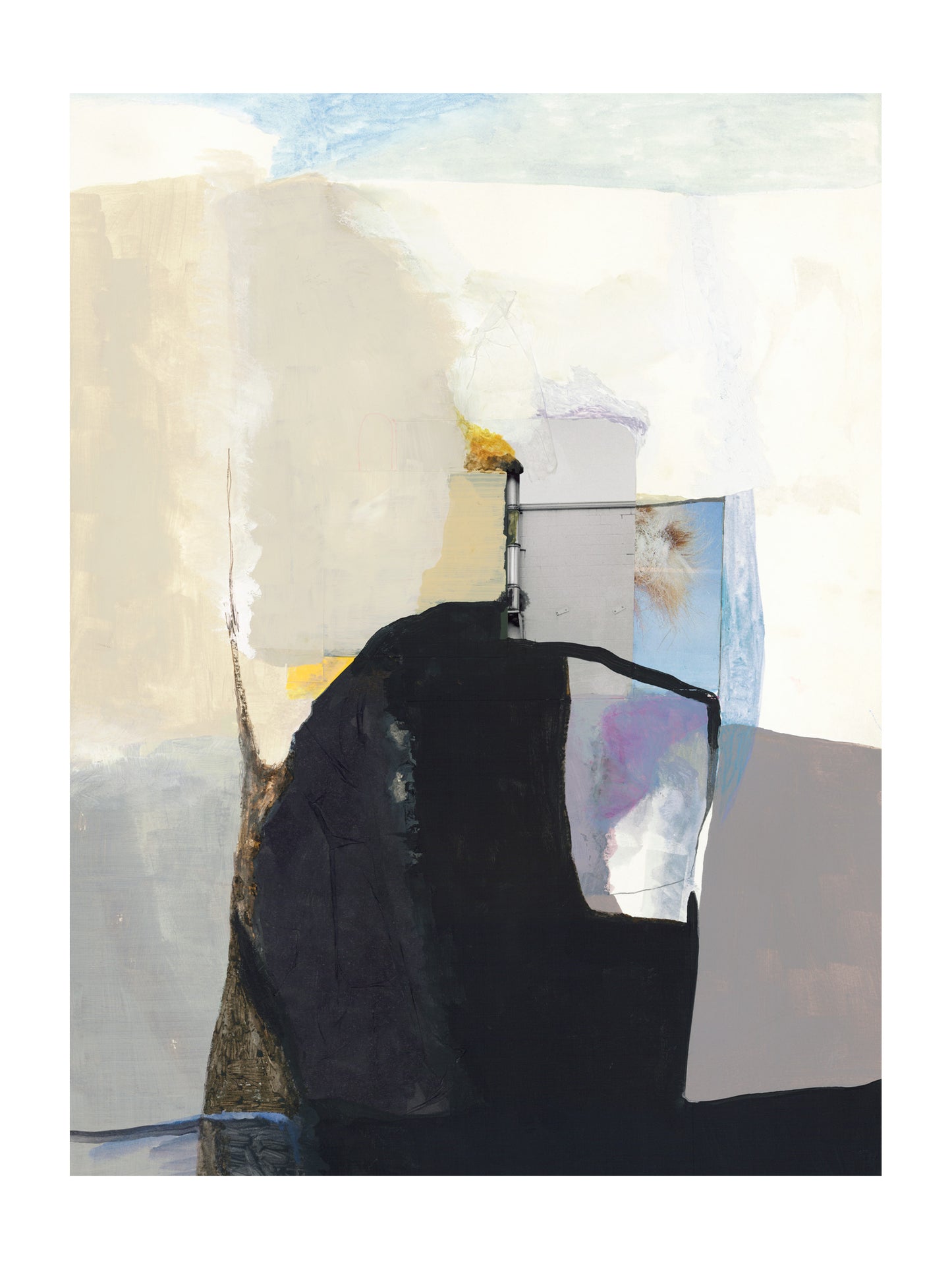 An abstract painting featuring a large black silhouette shape against a background of cream, beige, light blue, and gray textured blocks.