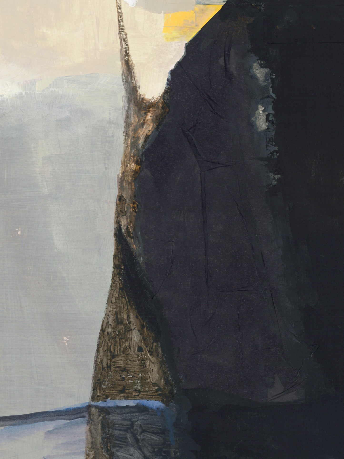 An abstract painting depicting a dramatic cliffside or tower form, with a large dark charcoal-black mass on the right, a textured brown and gold middle section, a pale gray left side, and a small yellow highlight near the top.