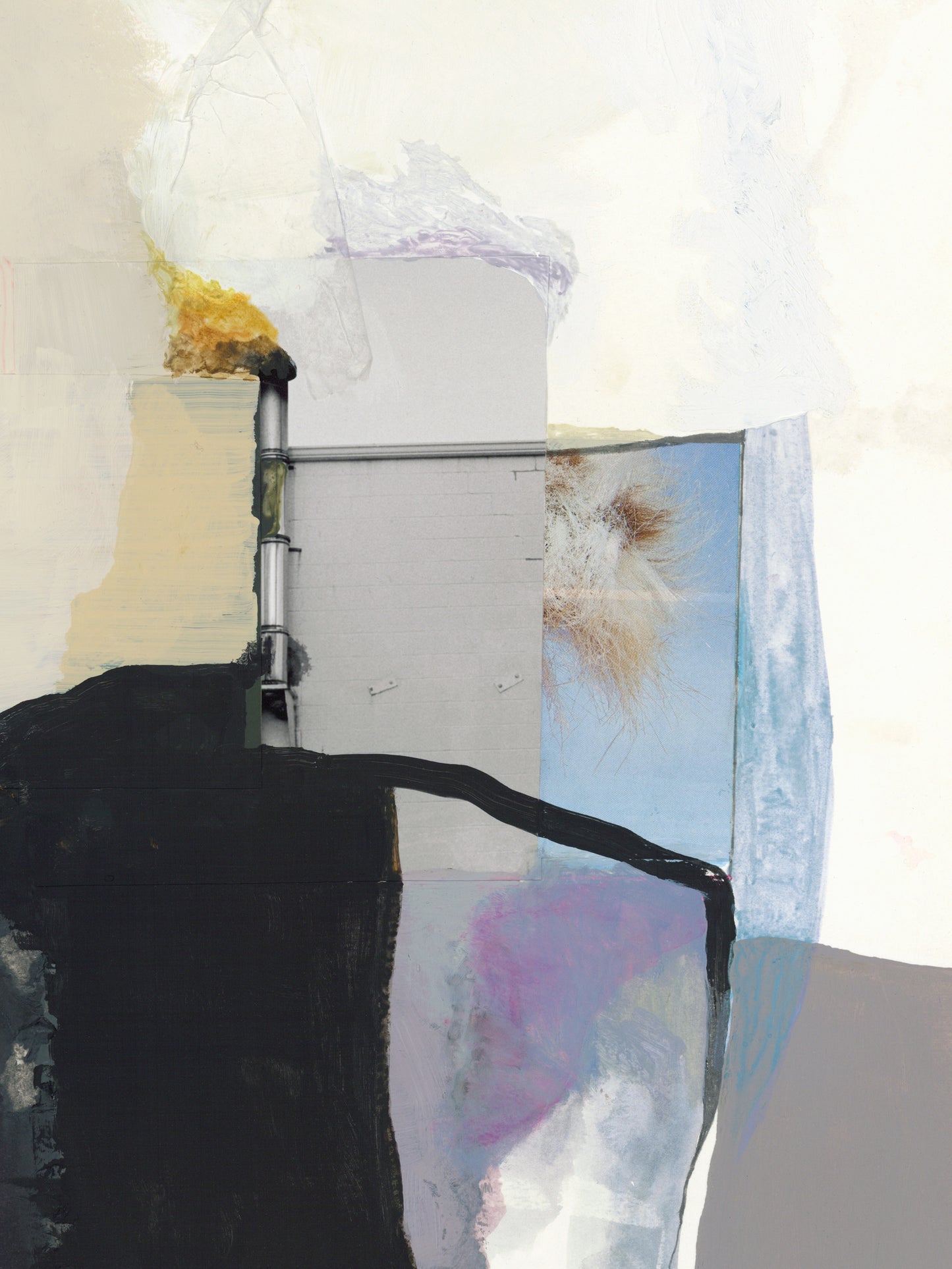 Abstract mixed-media painting with layered geometric and organic forms in black, cream, gray, pale blue, lavender, and a small gold/yellow accent.