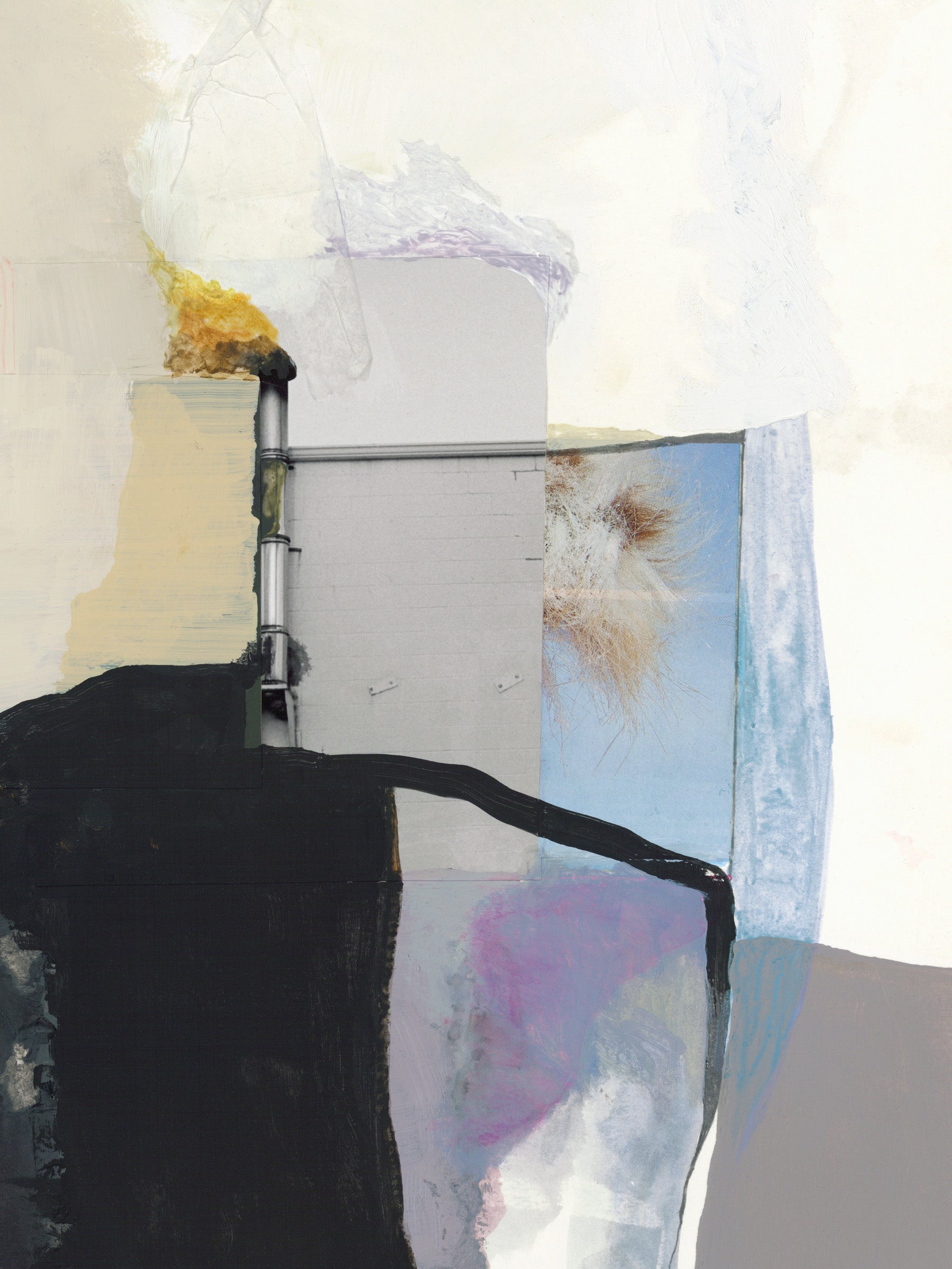 Abstract mixed-media painting with layered geometric and organic forms in black, cream, gray, pale blue, lavender, and a small gold/yellow accent.