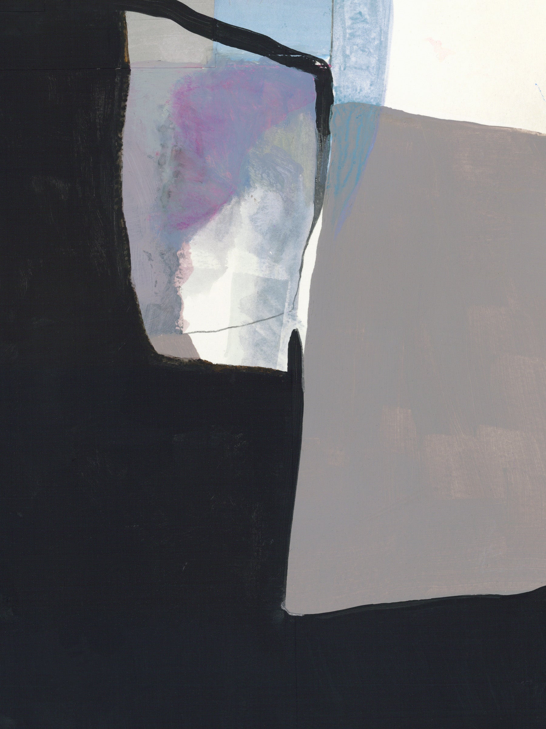 Abstract geometric painting with large blocks of black, light gray, white, pale blue, and a soft pink-purple area.