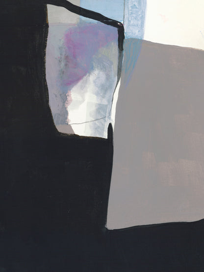 Abstract geometric painting with large blocks of black, light gray, white, pale blue, and a soft pink-purple area.