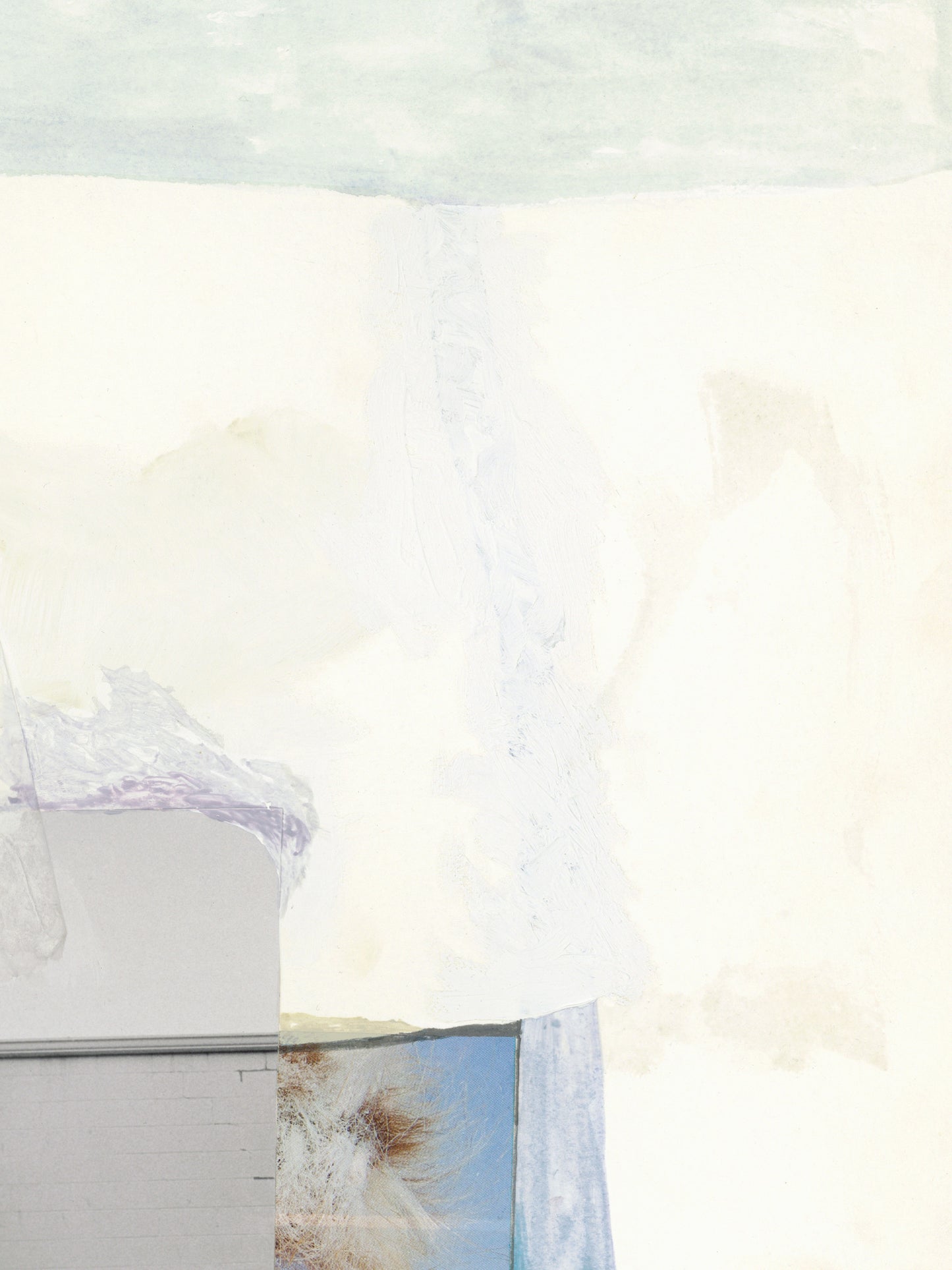 An abstract painting featuring a large off-white and cream textured field, a pale blue-green horizontal band at the top, a vertical pale blue streak, and a small blue rectangular area near the bottom left with soft brown and white brushstrokes.