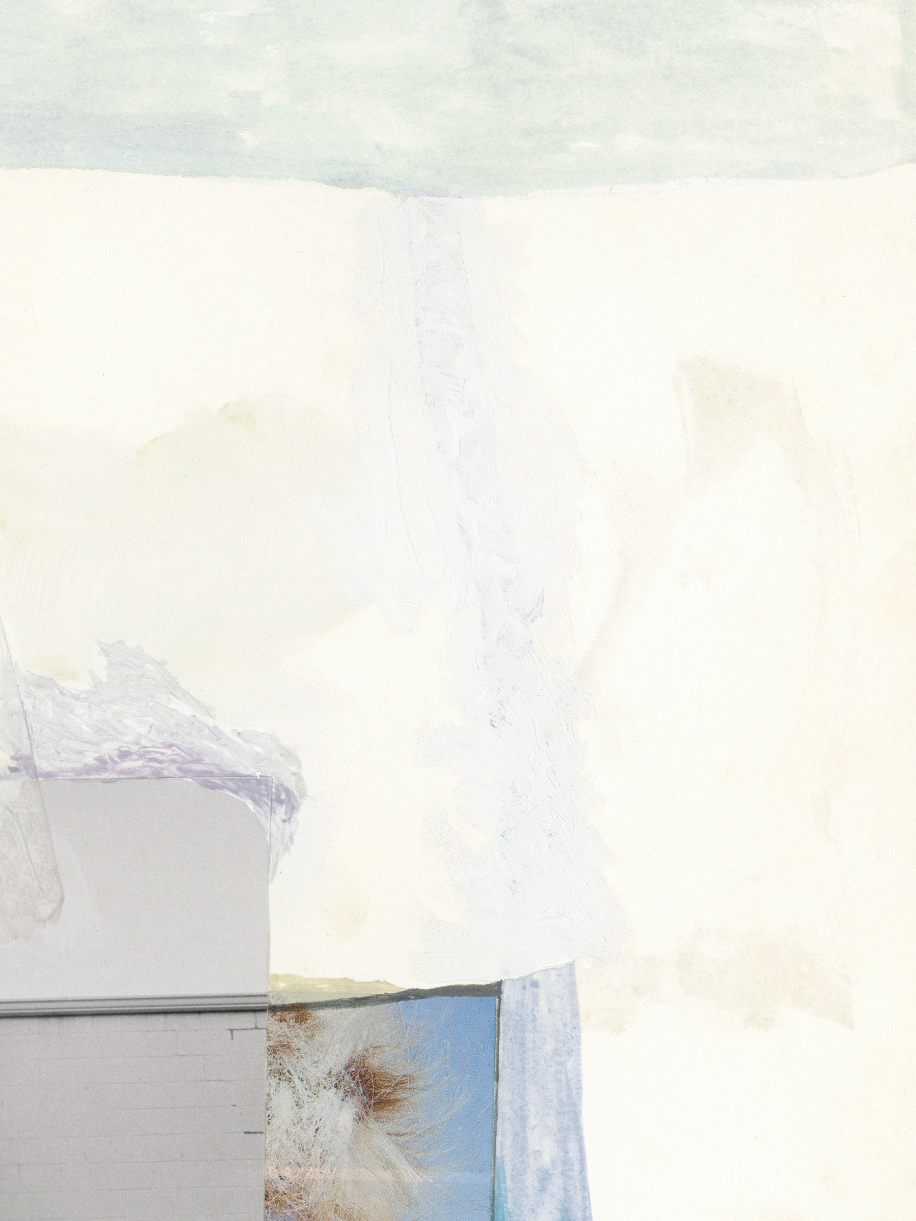 An abstract painting featuring a large off-white and cream textured field, a pale blue-green horizontal band at the top, a vertical pale blue streak, and a small blue rectangular area near the bottom left with soft brown and white brushstrokes.