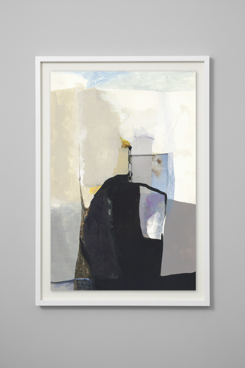 An abstract framed wall art print featuring a minimalist composition with a large black shape, cream and beige blocks, pale blue areas, and a small yellow accent, displayed against a light gray wall.
