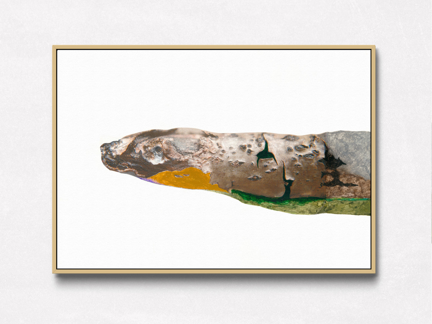 Art with snake depiction in brown, yellow, and green on a white background, in an oak floater frame.