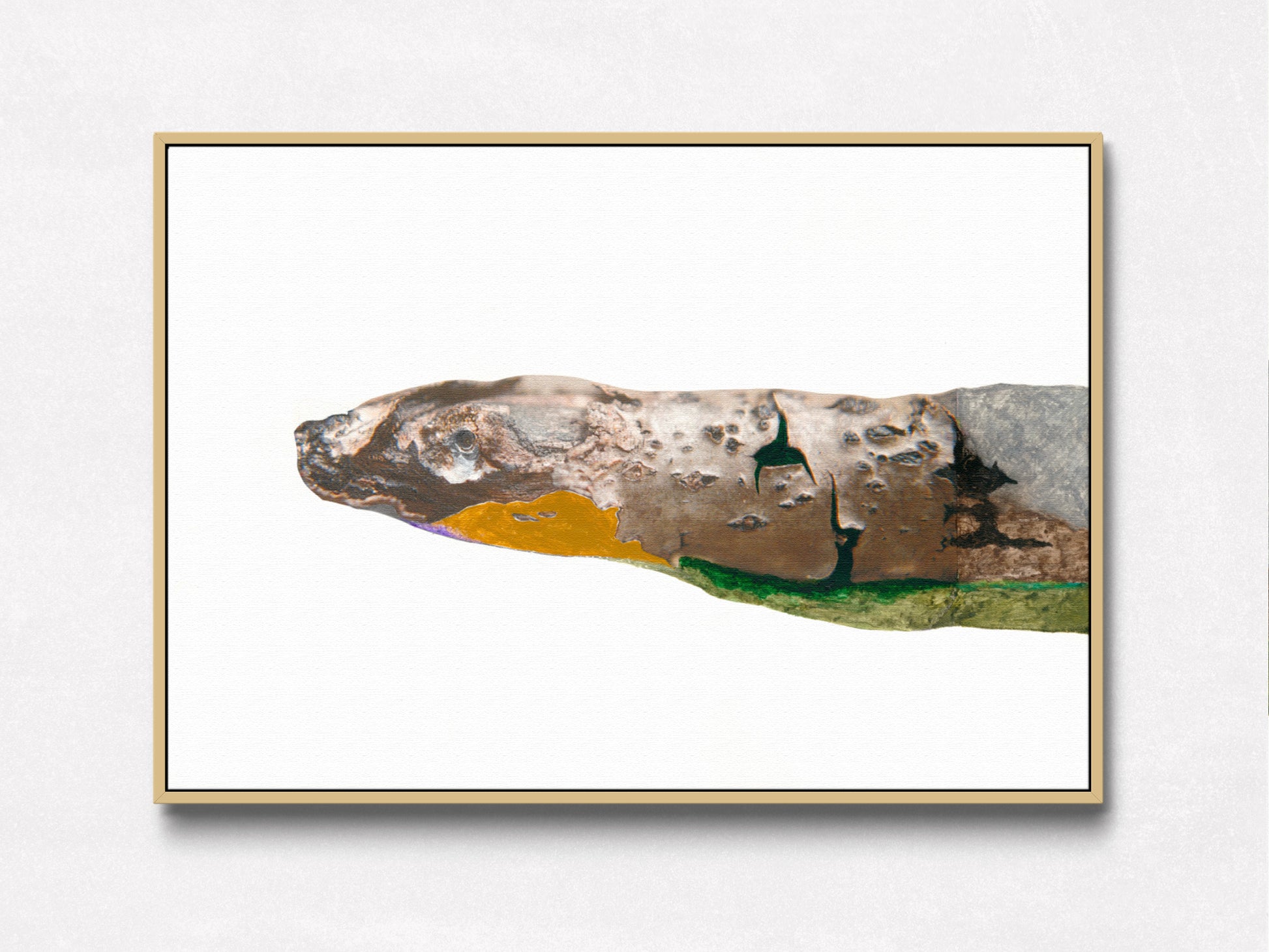 Art with snake depiction in brown, yellow, and green on a white background, in an oak floater frame.