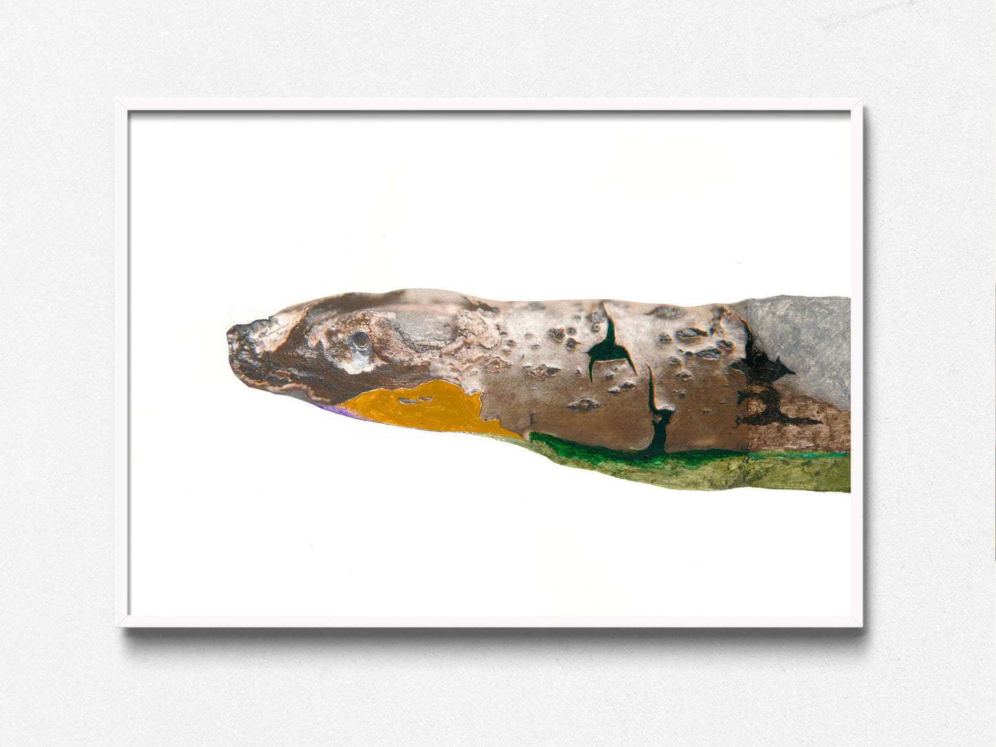 Art with snake depiction in brown, yellow, and green on a white background, in a white frame.
