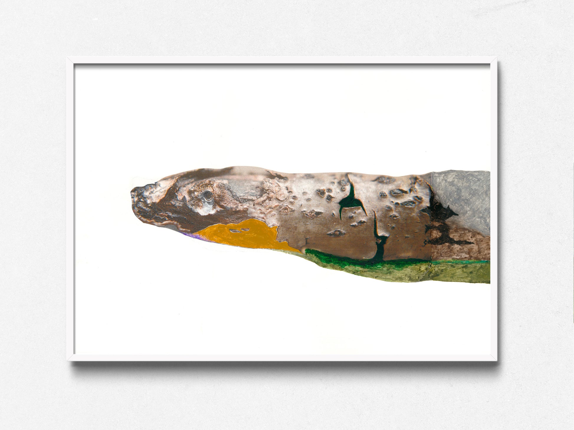 Art with snake depiction in brown, yellow, and green on a white background, in a white frame.