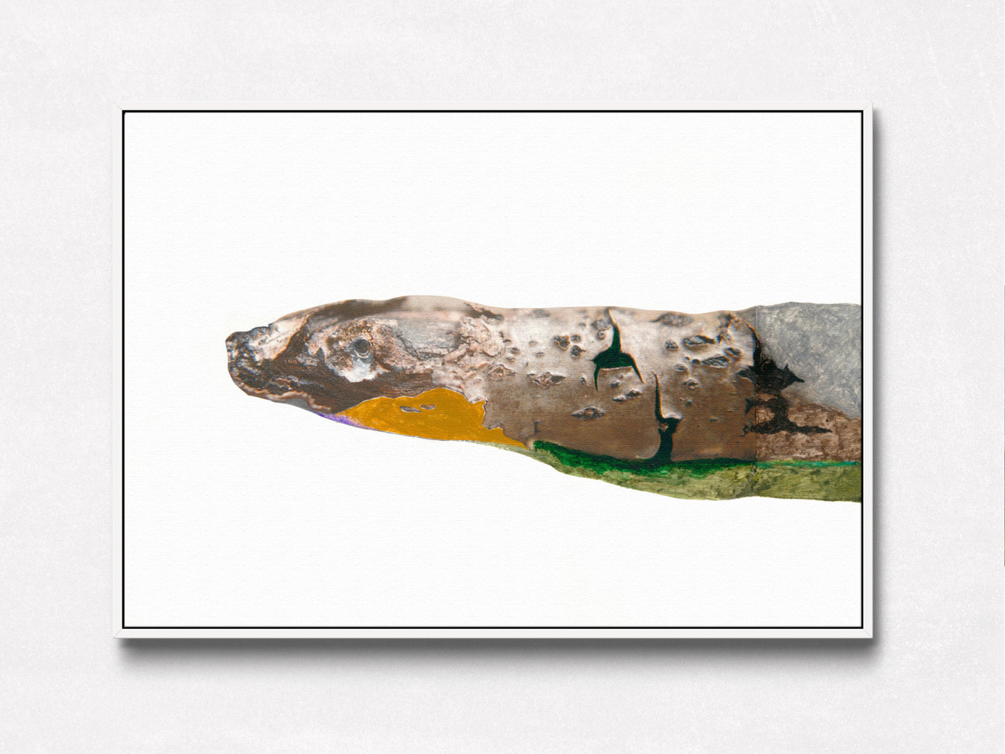 Art with snake depiction in brown, yellow, and green on a white background, in a white floater frame.