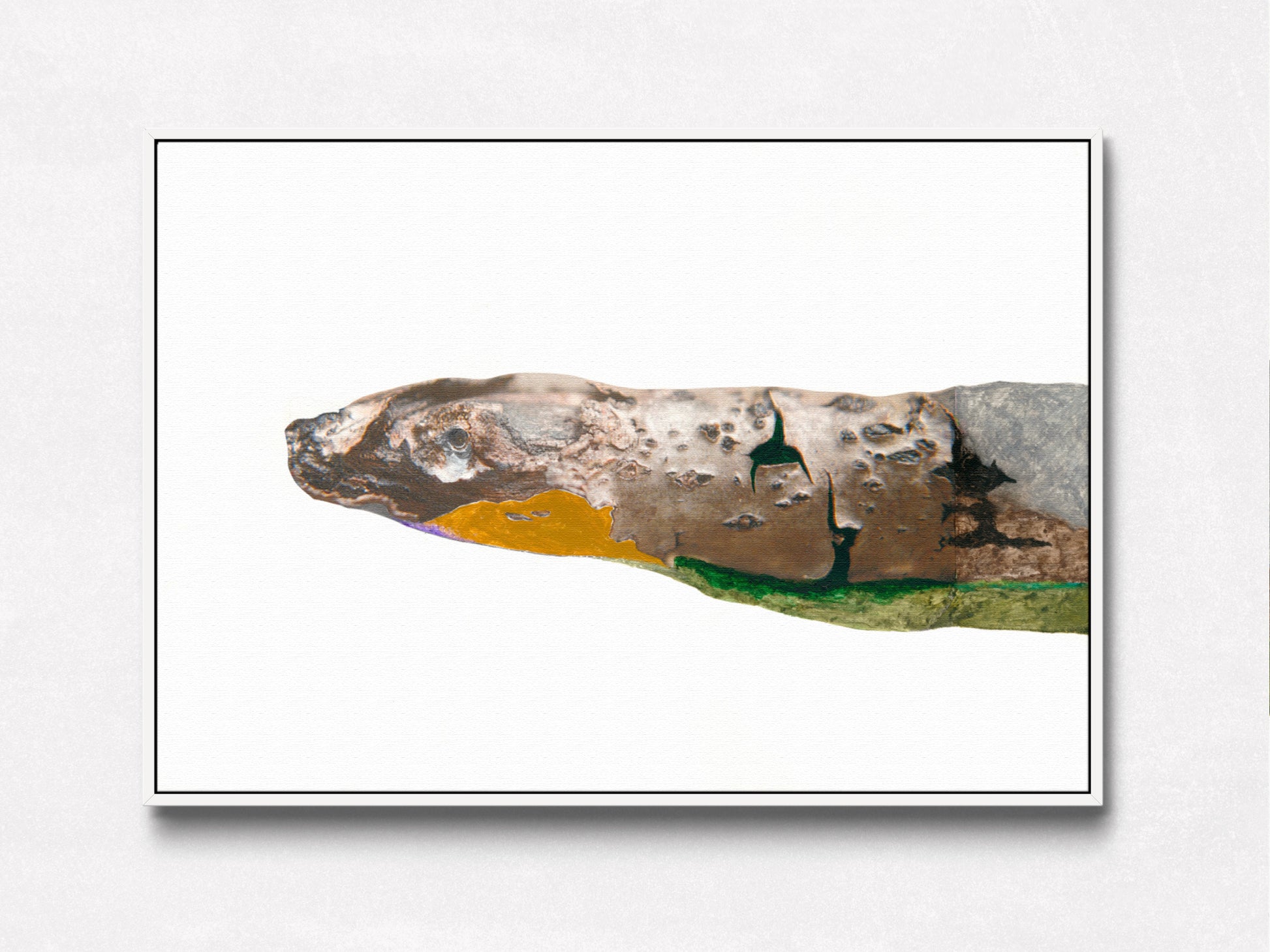 Art with snake depiction in brown, yellow, and green on a white background, in a white floater frame.