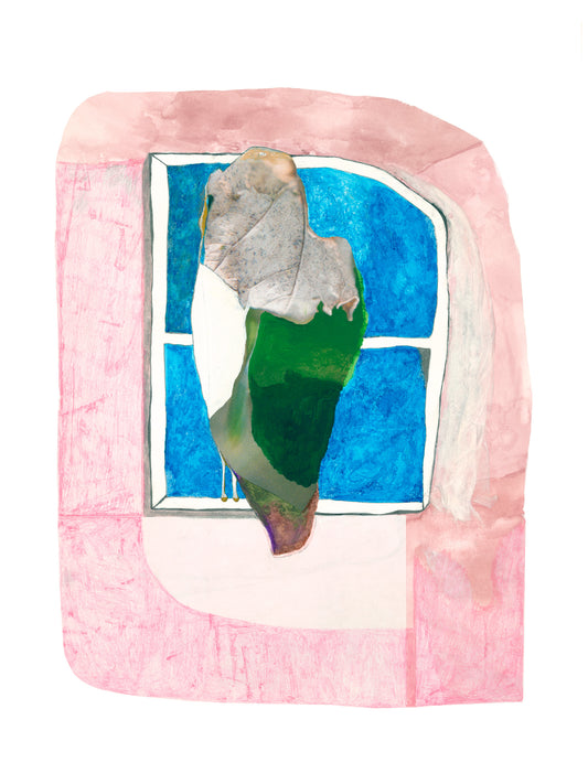 Artistic depiction of a bird looking out a window with a pink frame and blue sky.