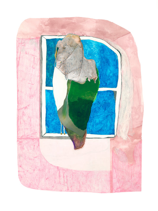Artistic depiction of a bird looking out a window with a pink frame and blue sky.