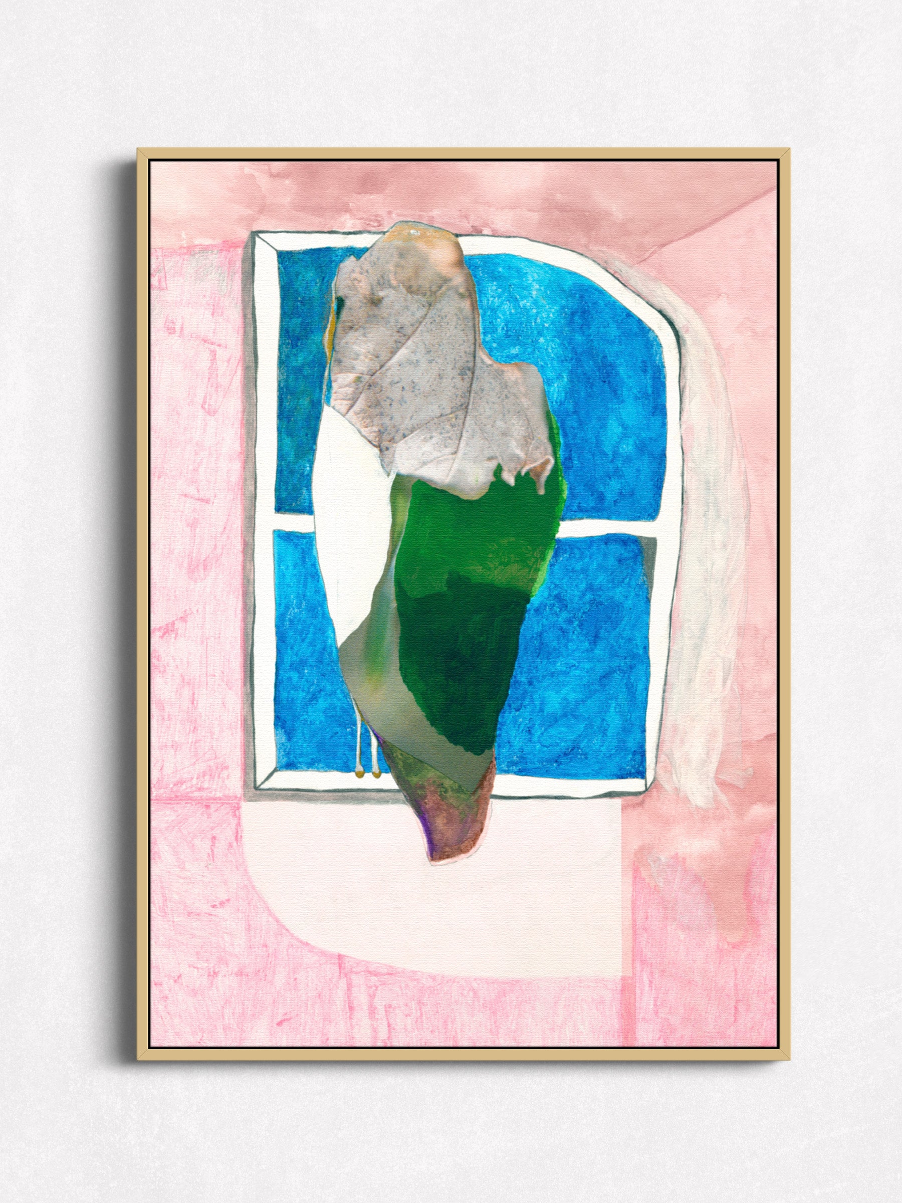 Abstract collage print in oak floater frame, full-bleed pink planes, blue window, green leaf form