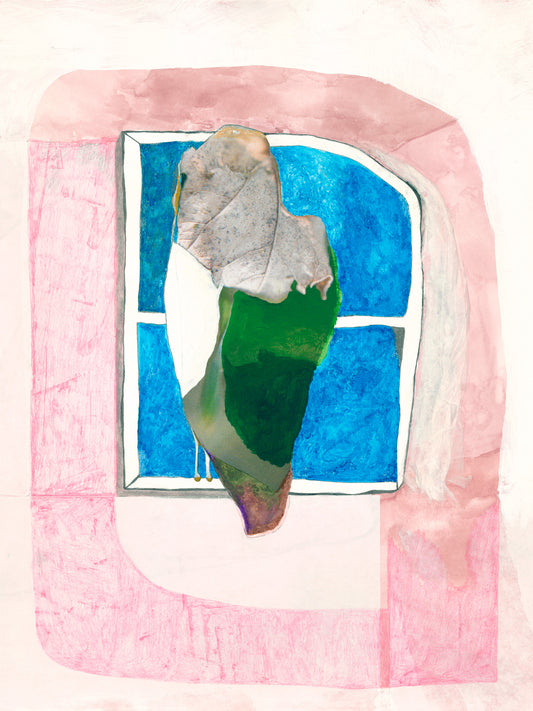 Painting of an abstract bird in a blue window with a rose pink archway. 