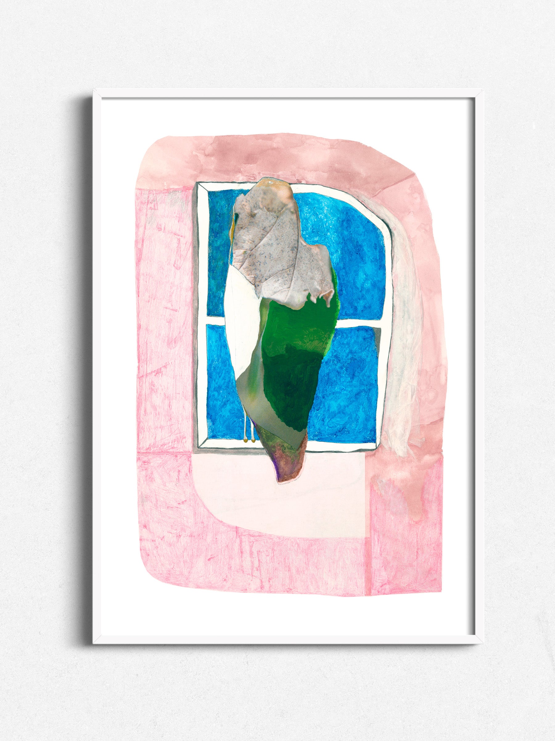 Abstract collage print in white wood frame, pink arch, blue window, green and grey leaf form