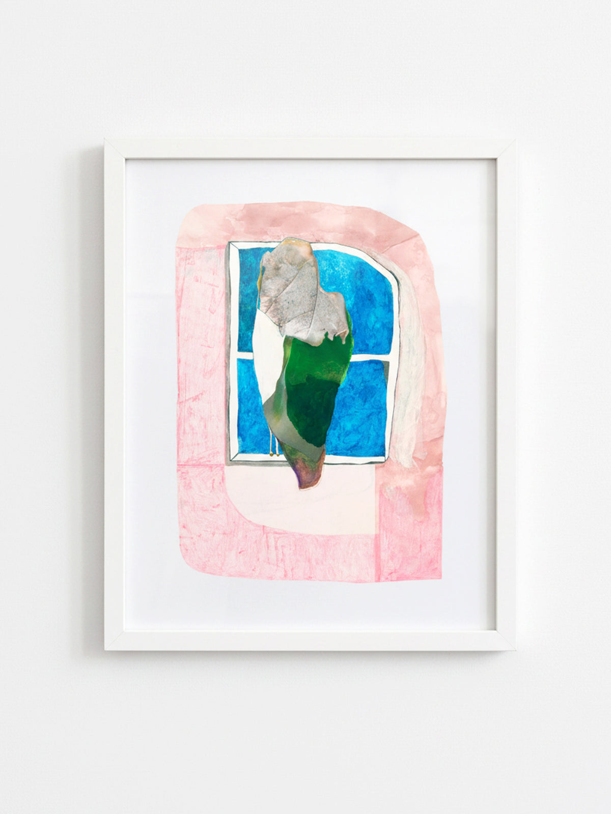 A framed abstract art print featuring a stylized bird in green and gray against a blue window-like shape, surrounded by a pink textured border, displayed on a clean white wall.